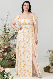 Yellow Flower A Line Off The Shoulder Chiffon Plus Size Bridesmaid Dress with Ruffles