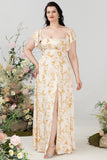 Yellow Flower A Line Off The Shoulder Chiffon Plus Size Bridesmaid Dress with Ruffles