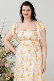 Yellow Flower A Line Off The Shoulder Chiffon Plus Size Bridesmaid Dress with Ruffles