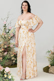 Yellow Flower A Line Off The Shoulder Chiffon Plus Size Bridesmaid Dress with Ruffles