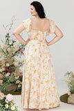Yellow Flower A Line Off The Shoulder Chiffon Plus Size Bridesmaid Dress with Ruffles