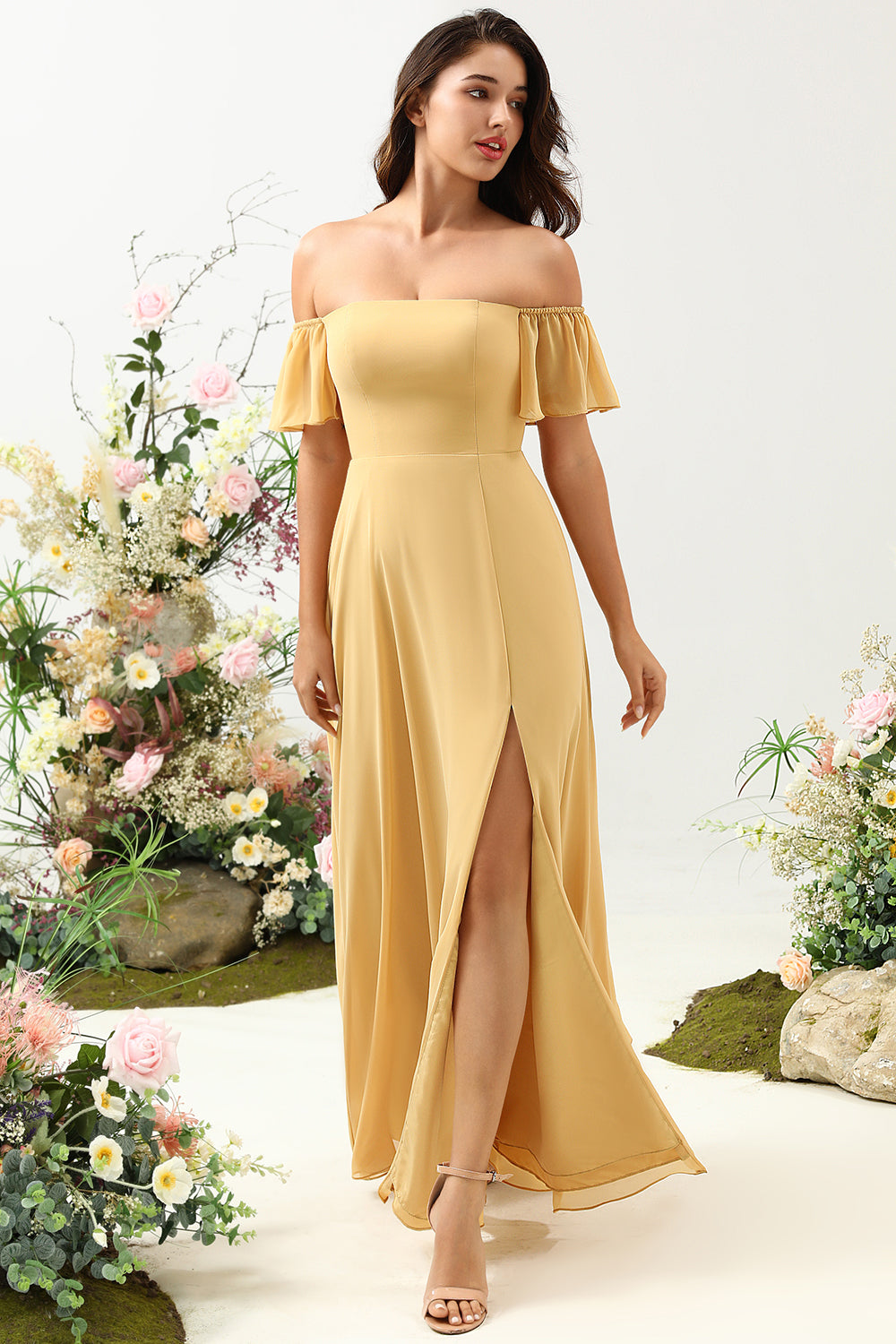 Yellow A Line Off The Shoulder Chiffon Long Bridesmaid Dress with Ruffles