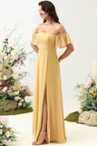 Yellow A Line Off The Shoulder Chiffon Long Bridesmaid Dress with Ruffles