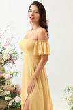 Yellow A Line Off The Shoulder Chiffon Long Bridesmaid Dress with Ruffles