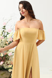 Yellow A Line Off The Shoulder Chiffon Long Bridesmaid Dress with Ruffles