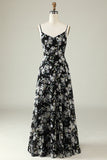 Black A Line Spaghetti Straps Floral Print Floor Length Chiffon Bridesmaid Dress
