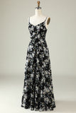Black A Line Spaghetti Straps Floral Print Floor Length Chiffon Bridesmaid Dress