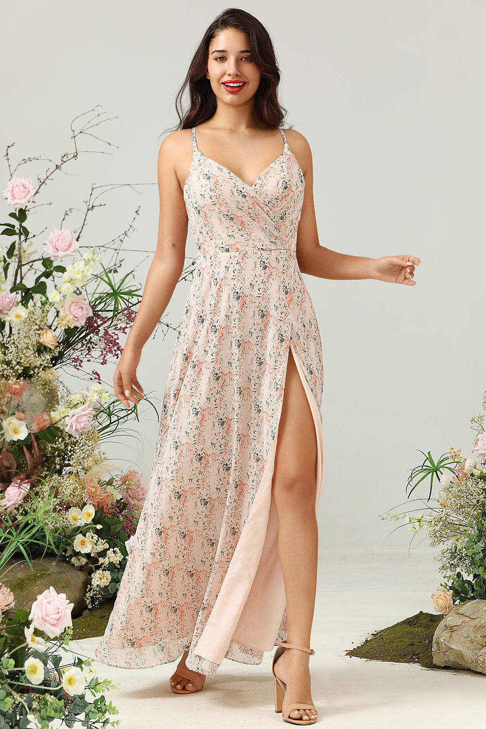 Blush A Line Spaghetti Straps Floral Print Chiffon Wedding Party Dress with Slit
