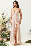 Blush A Line Spaghetti Straps Floral Print Chiffon Wedding Party Dress with Slit