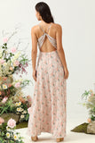 Blush A Line Spaghetti Straps Floral Print Chiffon Wedding Party Dress with Slit