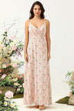 Blush A Line Spaghetti Straps Floral Print Chiffon Wedding Party Dress with Slit