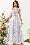 Lignt Purple Flower A Line V Neck Chiffon Plus Size Bridesmaid Dress with Open Back