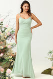 Sage Mermaid Draped Spaghetti Straps Ruched Chiffon Bridesmaid Dress