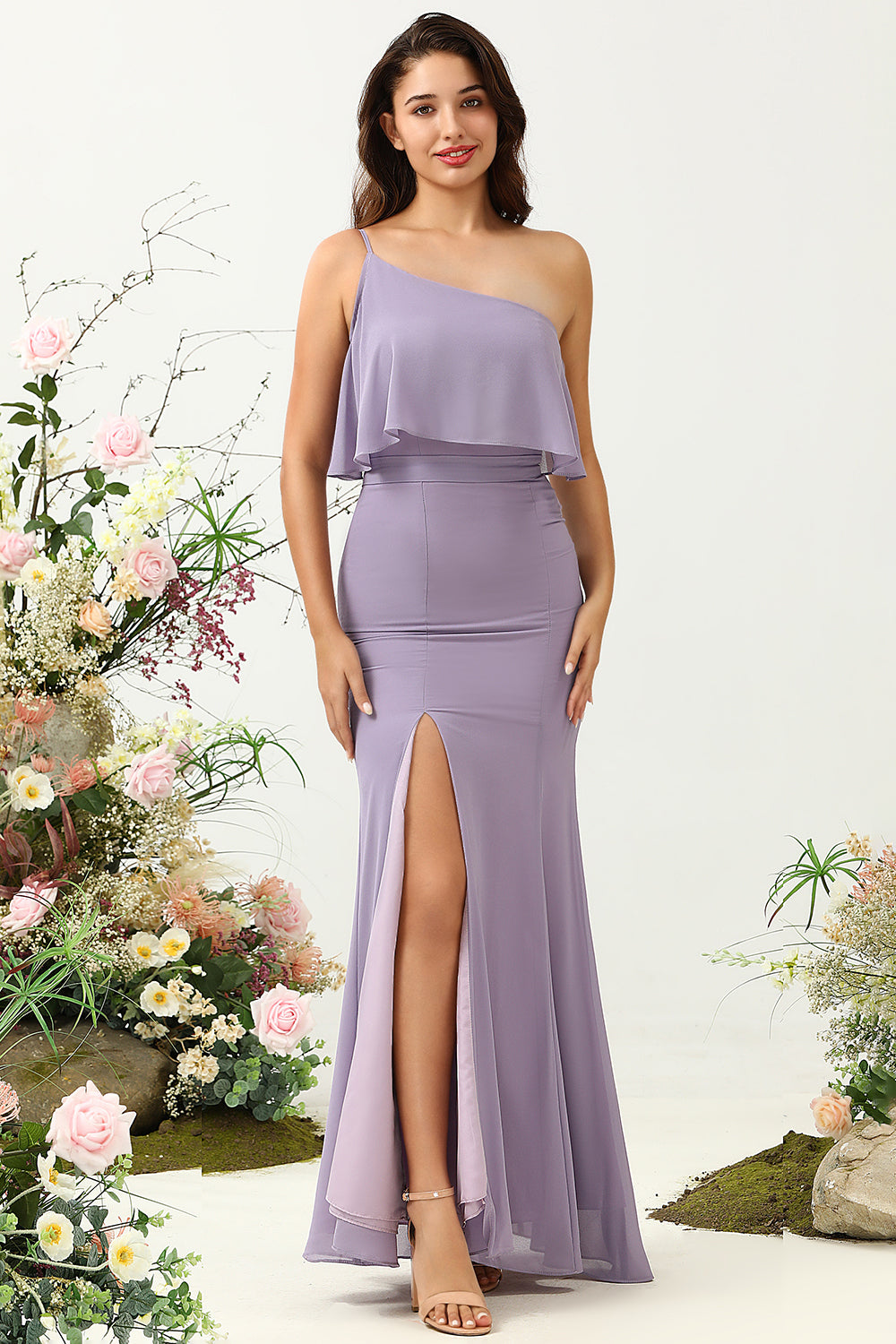 Purple Mermaid One Shoulder 100D Chiffon Bridesmaid Dress with Ruffles
