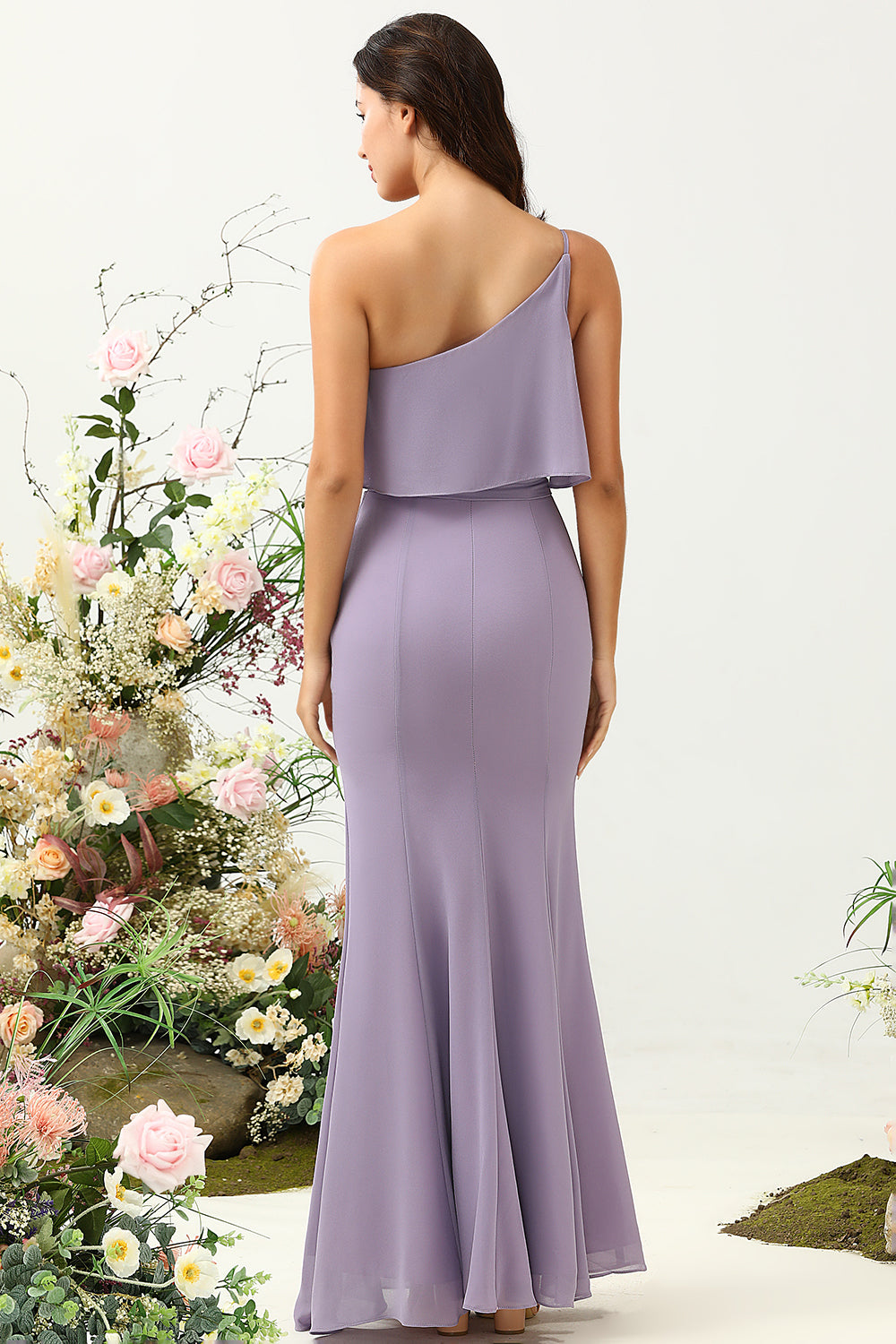 Purple Mermaid One Shoulder 100D Chiffon Bridesmaid Dress with Ruffles