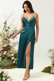 A Line Spaghetti Straps Dark Green Bright Satin Bridesmaid Dress with Open Back