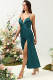 A Line Spaghetti Straps Dark Green Bright Satin Bridesmaid Dress with Open Back