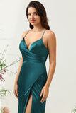 A Line Spaghetti Straps Dark Green Bright Satin Bridesmaid Dress with Open Back