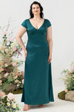 Dark Green A Line V Neck Bright Satin Plus Size Bridesmaid Dress with Open Back