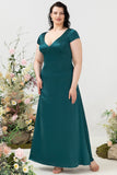 Dark Green A Line V Neck Bright Satin Plus Size Bridesmaid Dress with Open Back