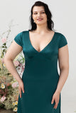 Dark Green A Line V Neck Bright Satin Plus Size Bridesmaid Dress with Open Back