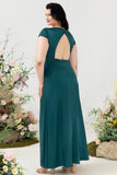 Dark Green A Line V Neck Bright Satin Plus Size Bridesmaid Dress with Open Back