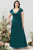 Dark Green A Line V Neck Bright Satin Plus Size Bridesmaid Dress with Open Back