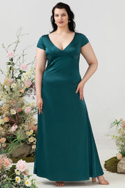 Dark Green A Line V Neck Bright Satin Plus Size Bridesmaid Dress with Open Back