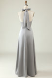 Grey A-Line Halter Backless Bright Satin Bridesmaid Dress with Slit