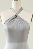 Grey A-Line Halter Backless Bright Satin Bridesmaid Dress with Slit