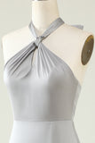 Grey A-Line Halter Backless Bright Satin Bridesmaid Dress with Slit