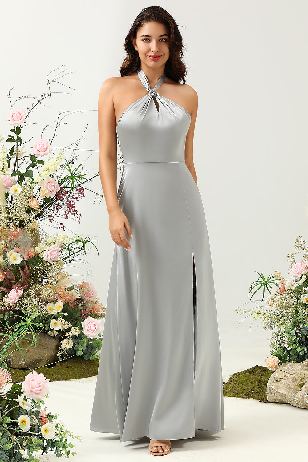 Grey A-Line Halter Bright Satin Floor-Length Bridesmaid Dress with Slit