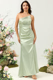 Sage A Line One Shoulder Bright Satin Bridesmaid Dress with Slit