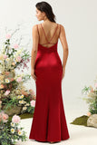 Burgundy Mermaid Spaghetti Straps Satin Bridesmaid Dress with Open Back