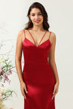 Mermaid Spaghetti Straps Long Satin Burgundy Bridesmaid Dress with Open Back