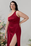 Burgundy Sheath Spaghetti Straps Bright Satin Plus Size Bridesmaid Dress with Slit