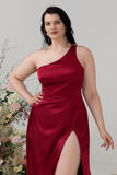 Burgundy Sheath Spaghetti Straps Bright Satin Plus Size Bridesmaid Dress with Slit