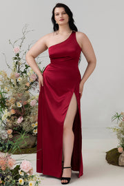 Burgundy Sheath Spaghetti Straps Bright Satin Plus Size Bridesmaid Dress with Slit