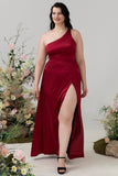 Burgundy Sheath Spaghetti Straps Bright Satin Plus Size Bridesmaid Dress with Slit