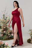 Burgundy Sheath Spaghetti Straps Bright Satin Plus Size Bridesmaid Dress with Slit