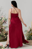 Burgundy Sheath Spaghetti Straps Bright Satin Plus Size Bridesmaid Dress with Slit