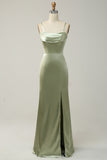 Green A Line Convertible Strapless Satin Floor-Length Dress with Slit