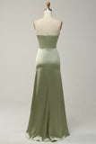 Green Sheath Convertible Strapless Satin Floor-Length Dress with Slit