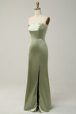 Green A Line Convertible Strapless Satin Floor-Length Dress with Slit