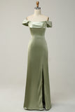 Green Sheath Convertible Strapless Satin Floor-Length Dress with Slit