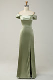 Green A Line Convertible Strapless Satin Floor-Length Dress with Slit