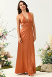 Copper A Line V Neck Bright Satin Bridesmaid Dress with Open Back