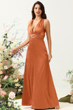 Copper A Line V Neck Bright Satin Bridesmaid Dress with Open Back