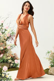 Copper A Line V Neck Bright Satin Bridesmaid Dress with Open Back