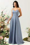 Grey Blue A Line Spaghetti Straps Bright Satin Bridesmaid Dress with Ruffles